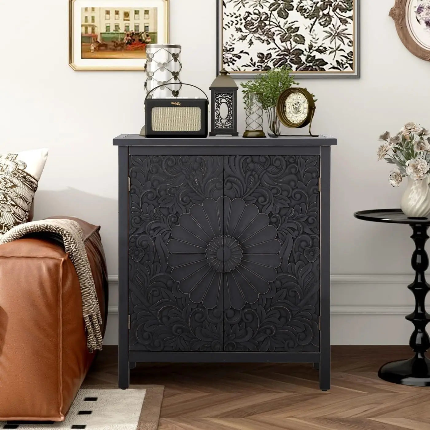 Accent Storage Cabinet Distressed Buffet Sideboard Metal Window Doors