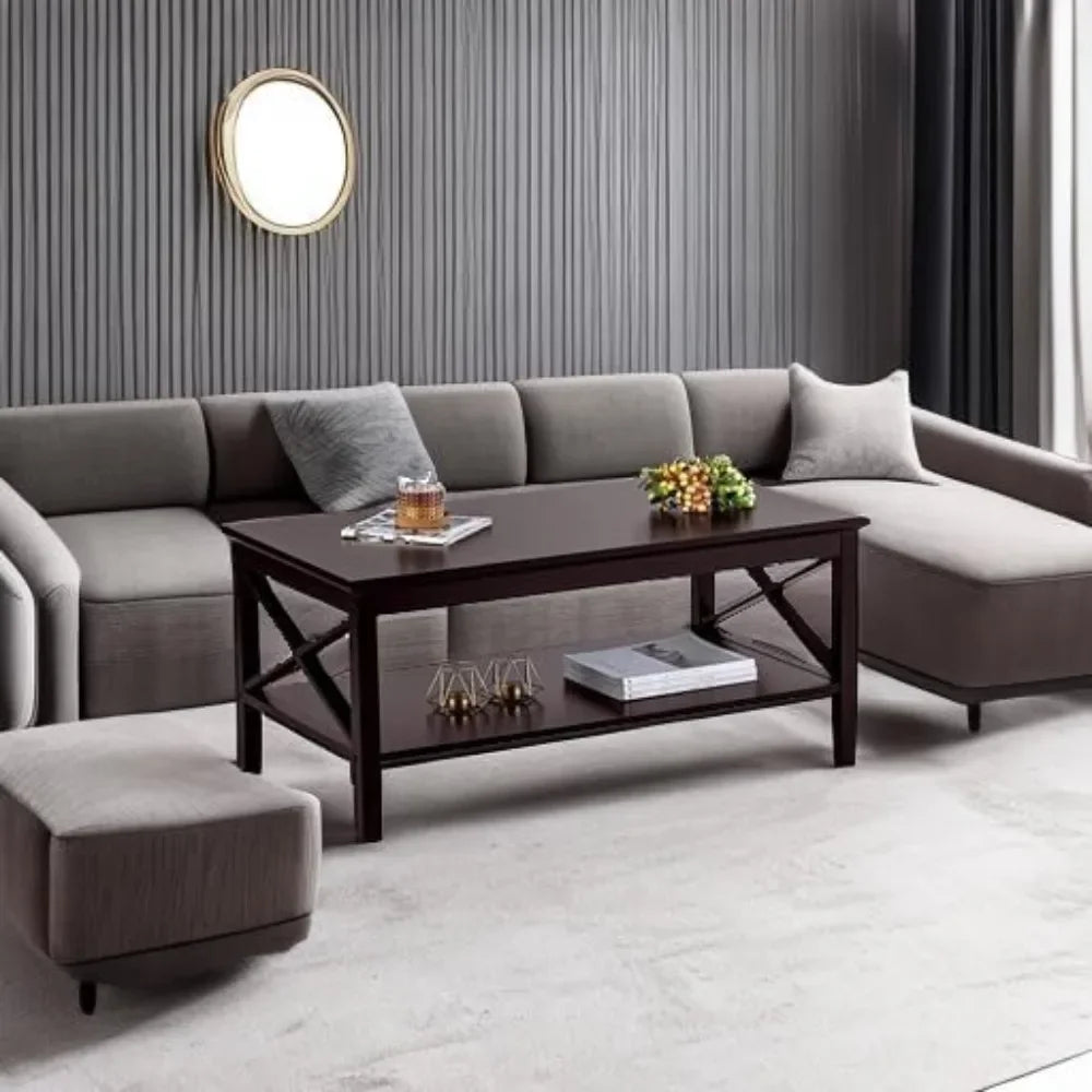 Espresso Wood Coffee Table with Storage Modern 40 Inch 2-Tier Design