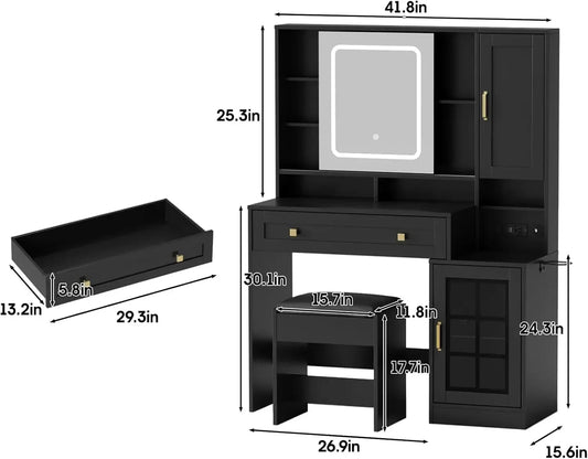 Ljustra Vanity Desk with Sliding Mirror Charging Station Stool Jewelry Storage