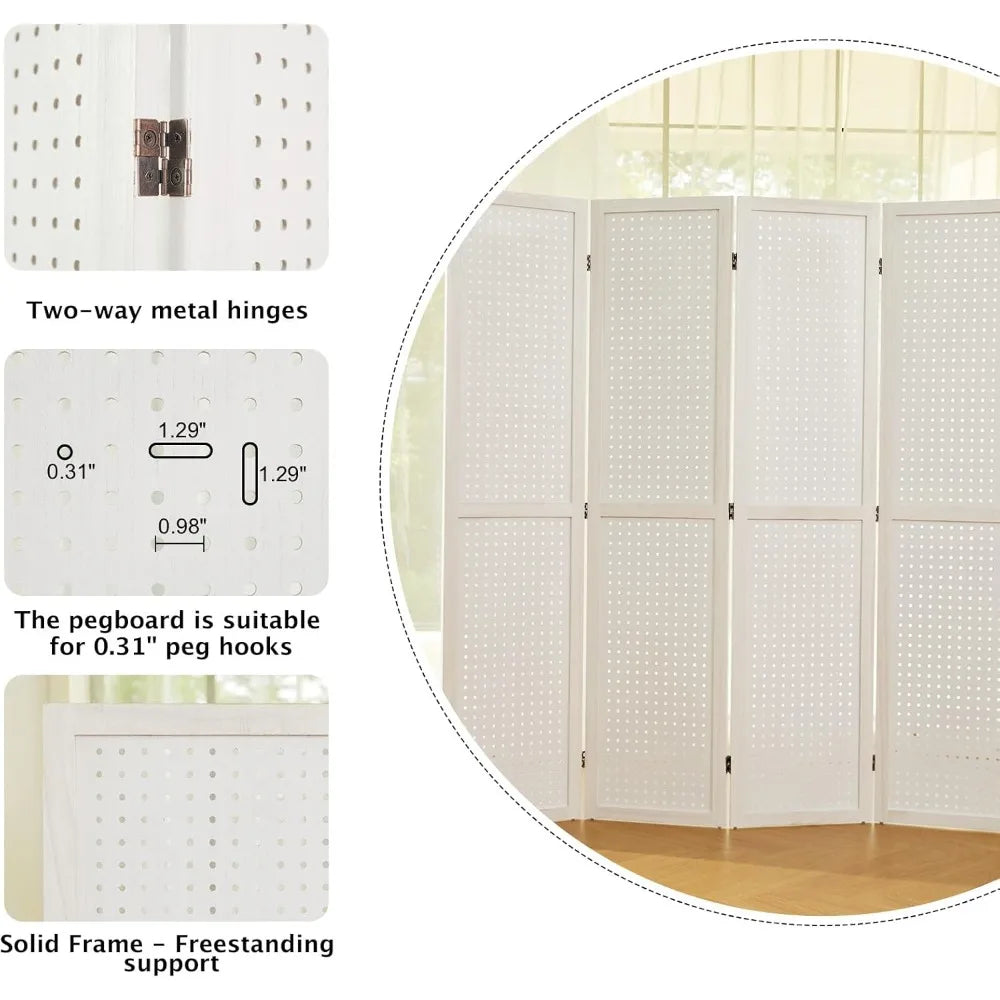 Room Divider Folding Pegboard Privacy Screen 4-Panel Display Stand
