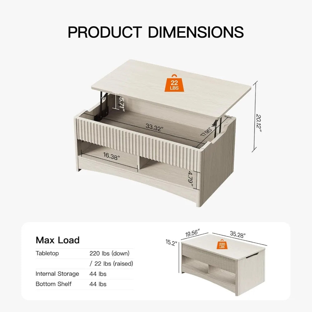 Amada Coffee Table Fluted Lift Top Storage Modern Rectangle Table