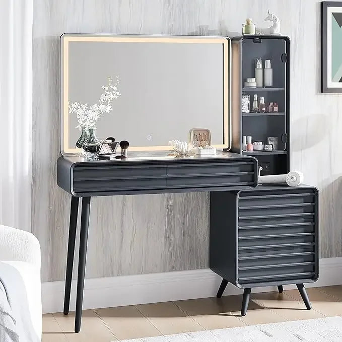 Fluted Makeup Vanity Desk with 35" Lighted Mirror and 5 Drawers