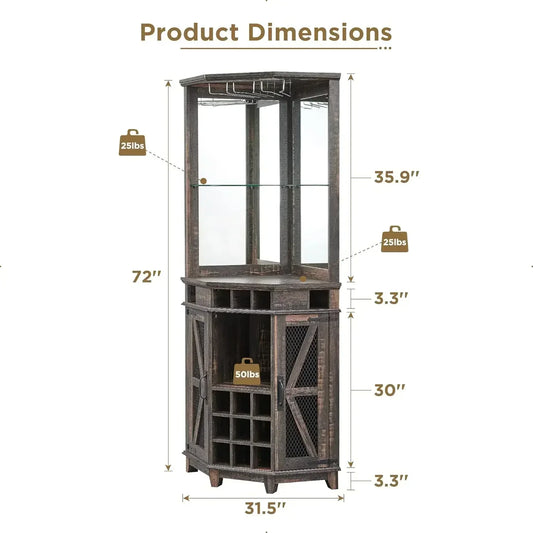 Corner Bar Cabinet 72" Tall Farmhouse Wine Storage with LED Light