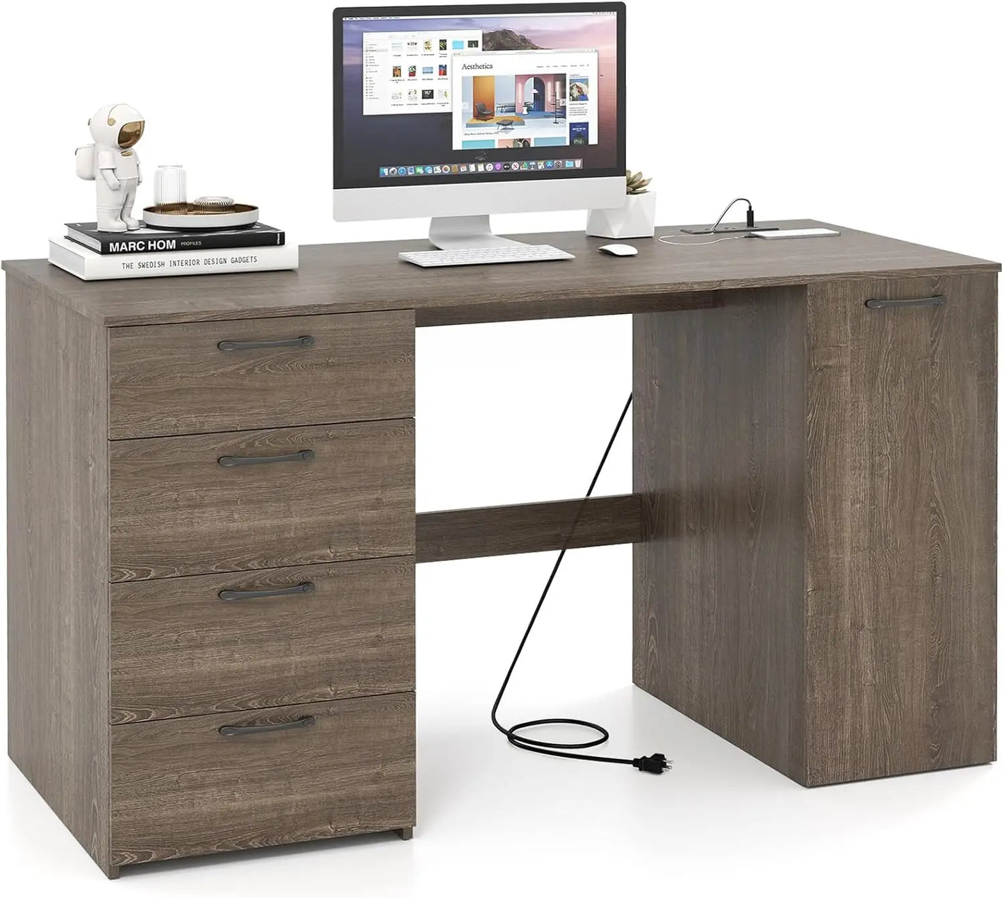 Ljustra Computer Desk with 4 Drawers Charging Station Adjustable Shelf
