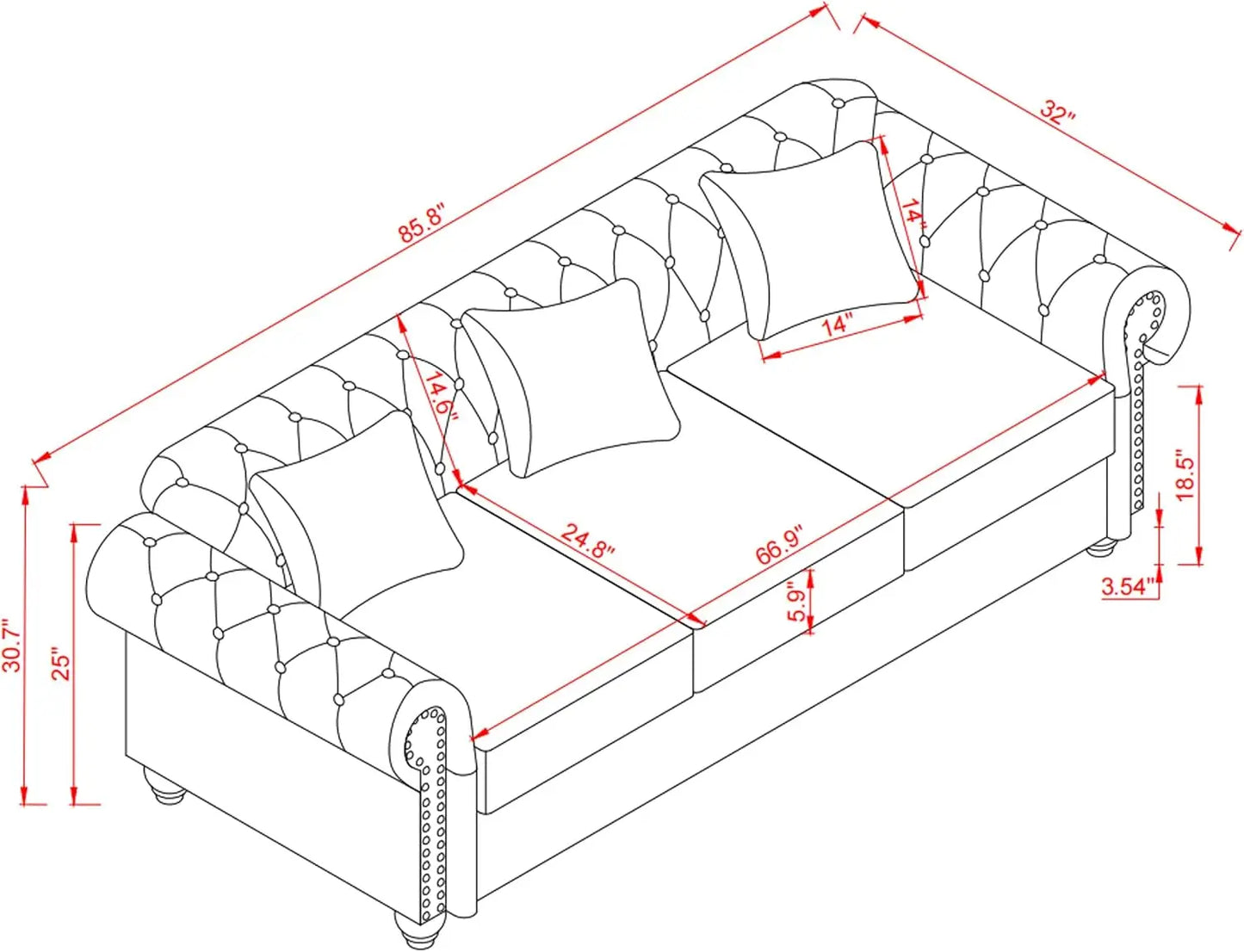 Ljustra 85.8" PU Leather Chesterfield Sofa 3-Seater with Storage & Tufted Design