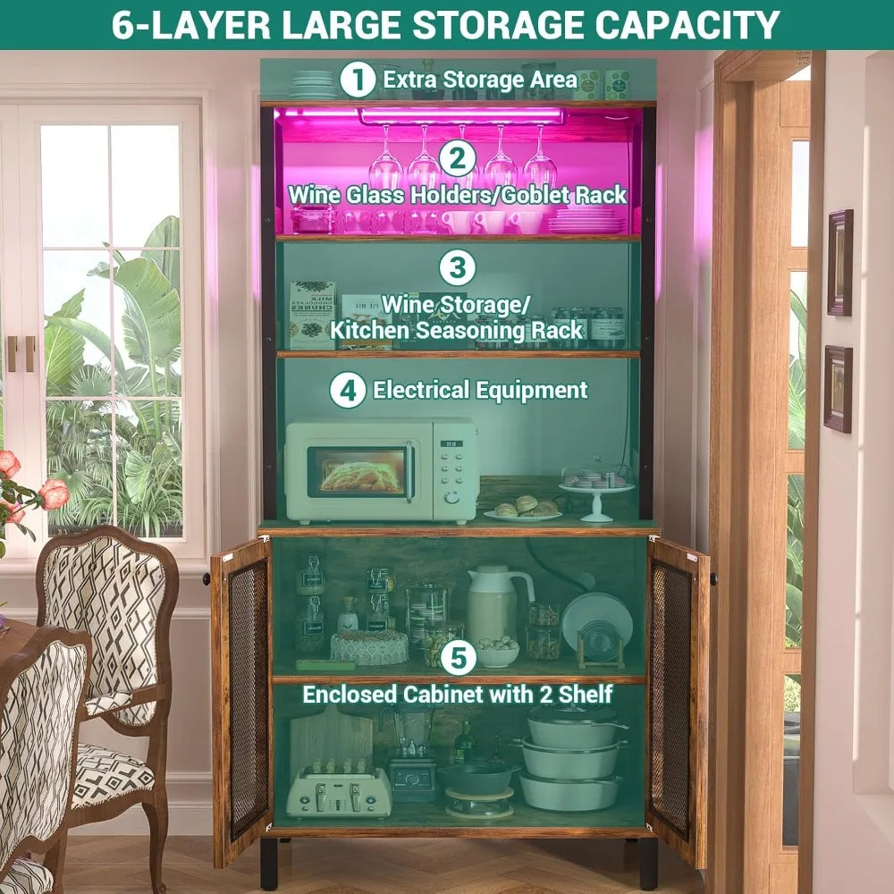 Bar Cabinet with Power Outlets LED Lights Wine Storage 67" Tall
