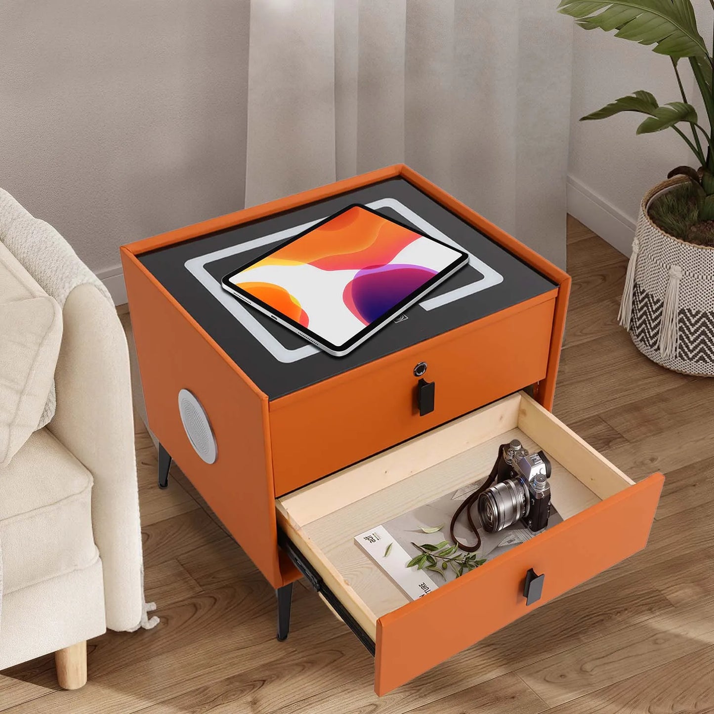 Smart Bedside Table with Bluetooth Speaker and USB Charging Drawers