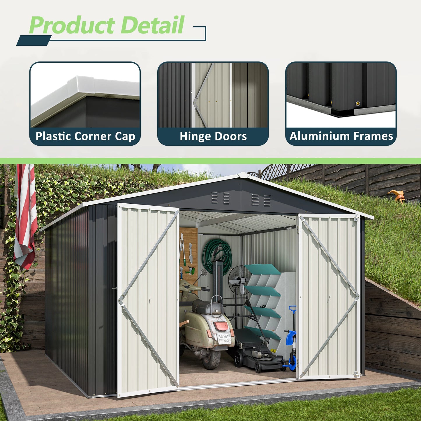 Ljustra Outdoor Storage Shed 10x10 FT Metal Tool Storage Lockable Doors