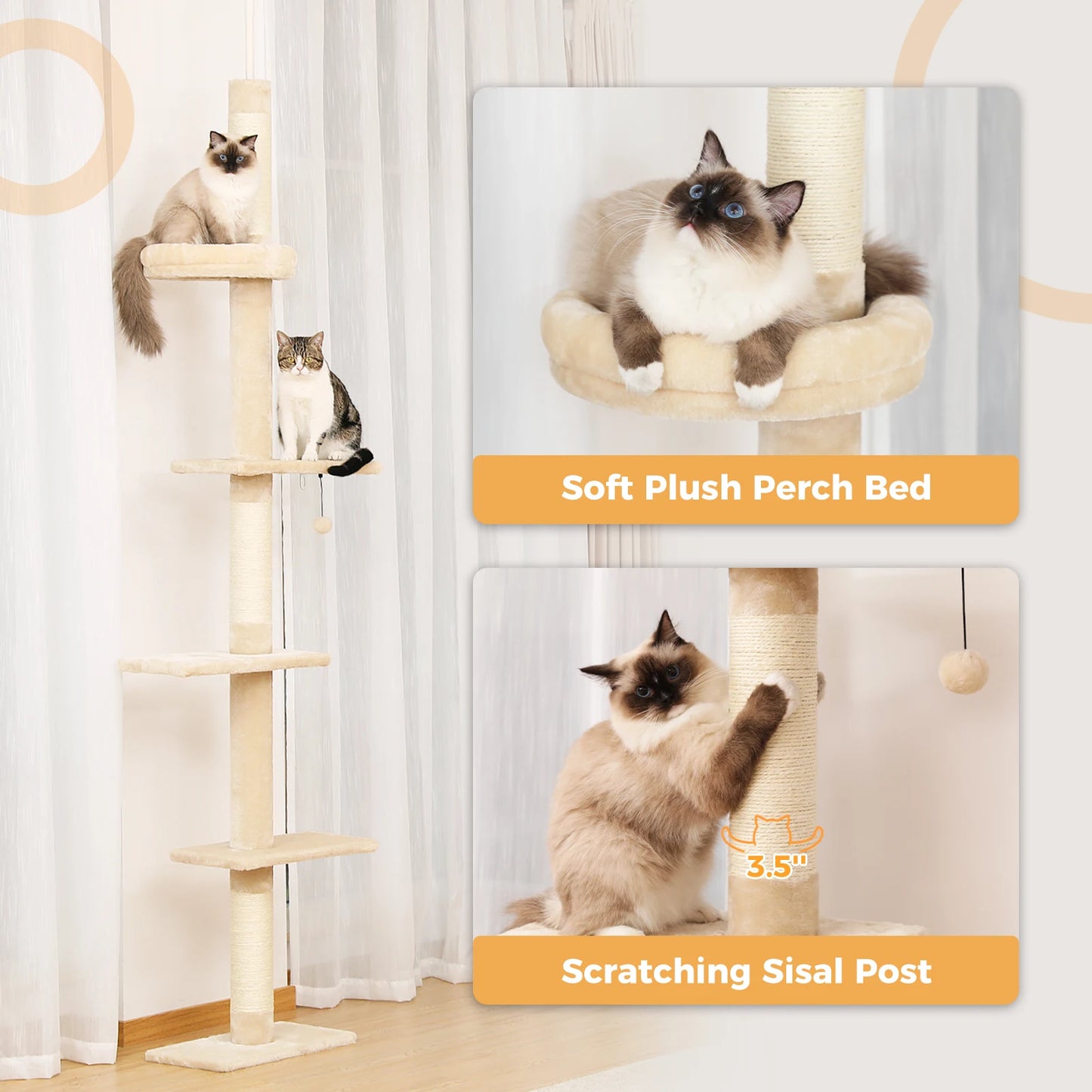 Adjustable Height Cat Tree Indoor Floor to Ceiling Tower Scratching Post