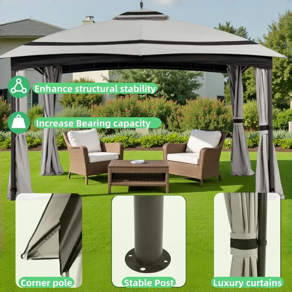 11x13ft Patio Gazebo with Curtains Sandbags Double Tier Roof Canopy