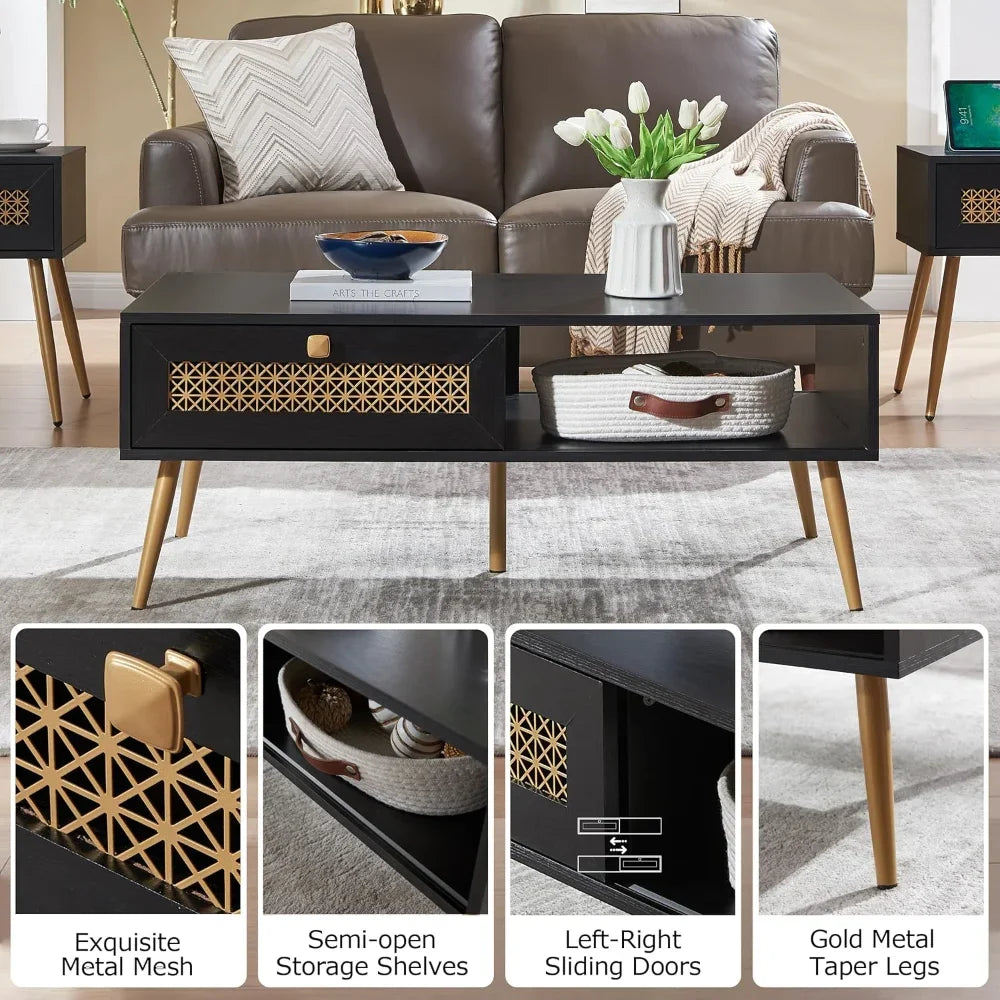 Wooden Mid Century Modern Coffee Table with Sliding Door for Living Room