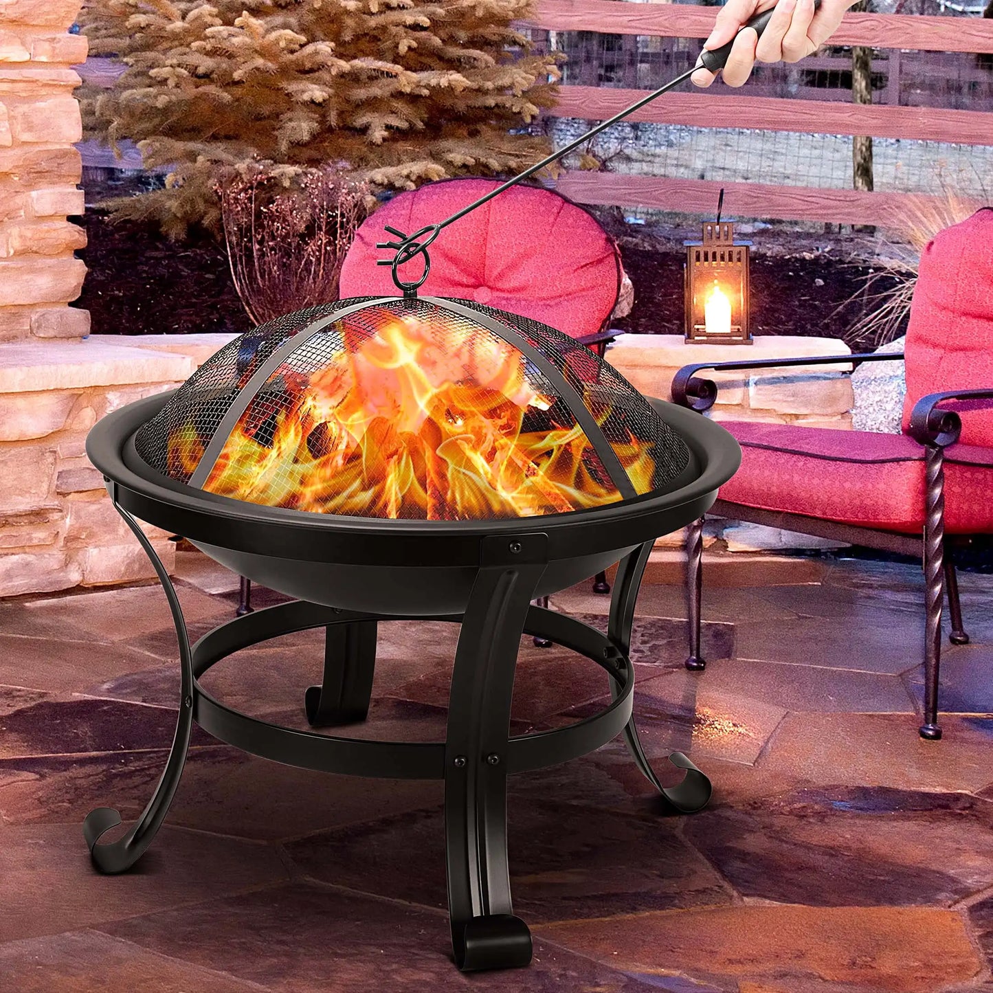 22 Inch Round Fire Pit Curved Iron Outdoor Wood Burning Patio Decoration