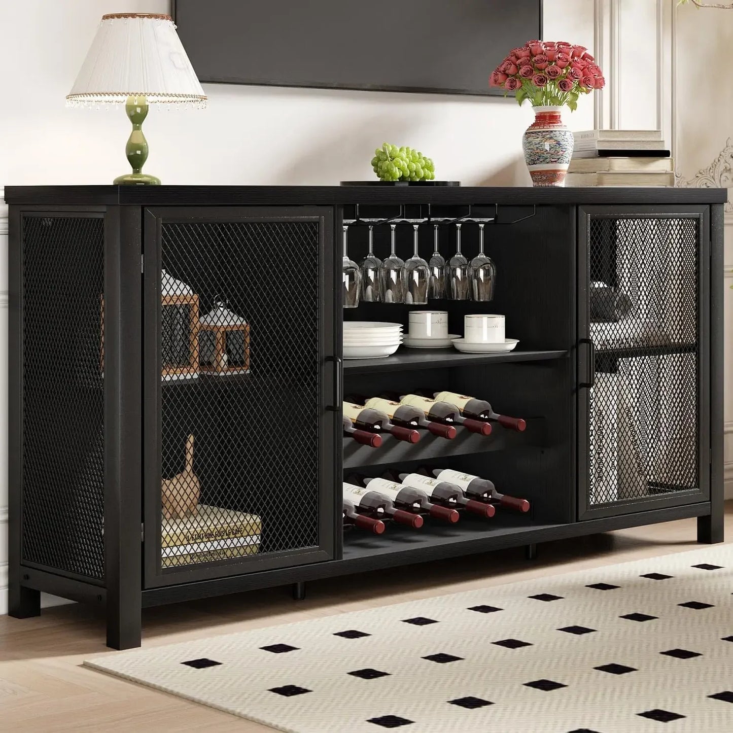 Black Wine Bar Cabinet Coffee Bar Cabinet with Storage Farmhouse Buffet