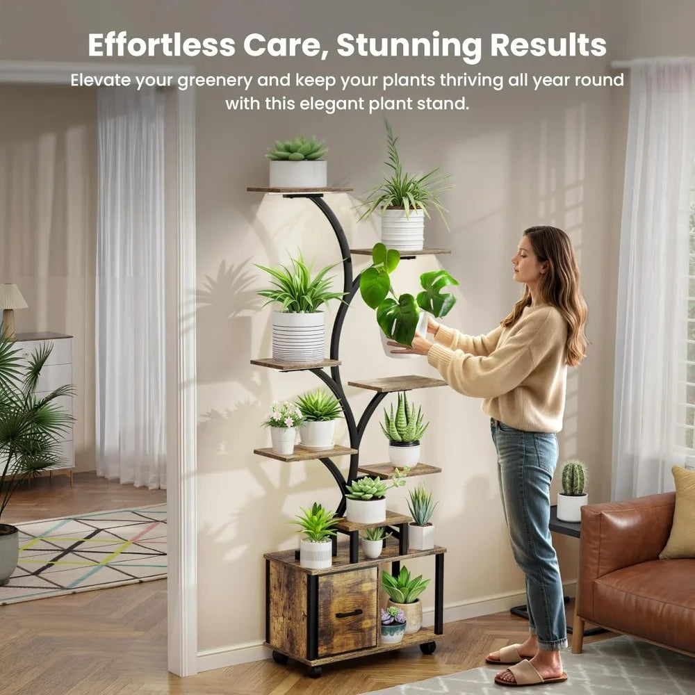 65 Inch Indoor Plant Stand with Grow Lights Tiered Metal Shelf with Wheels