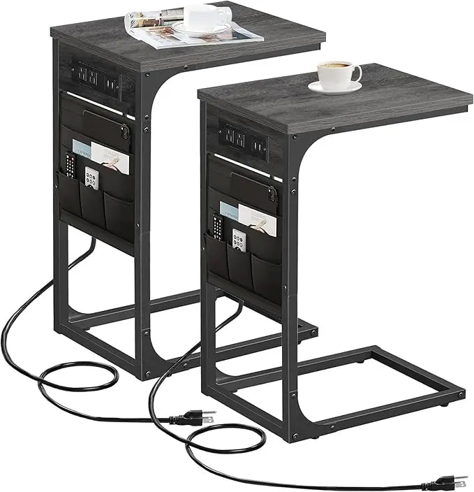 Shaped End Table Set of 2 with Charging Station USB Ports Storage Bag