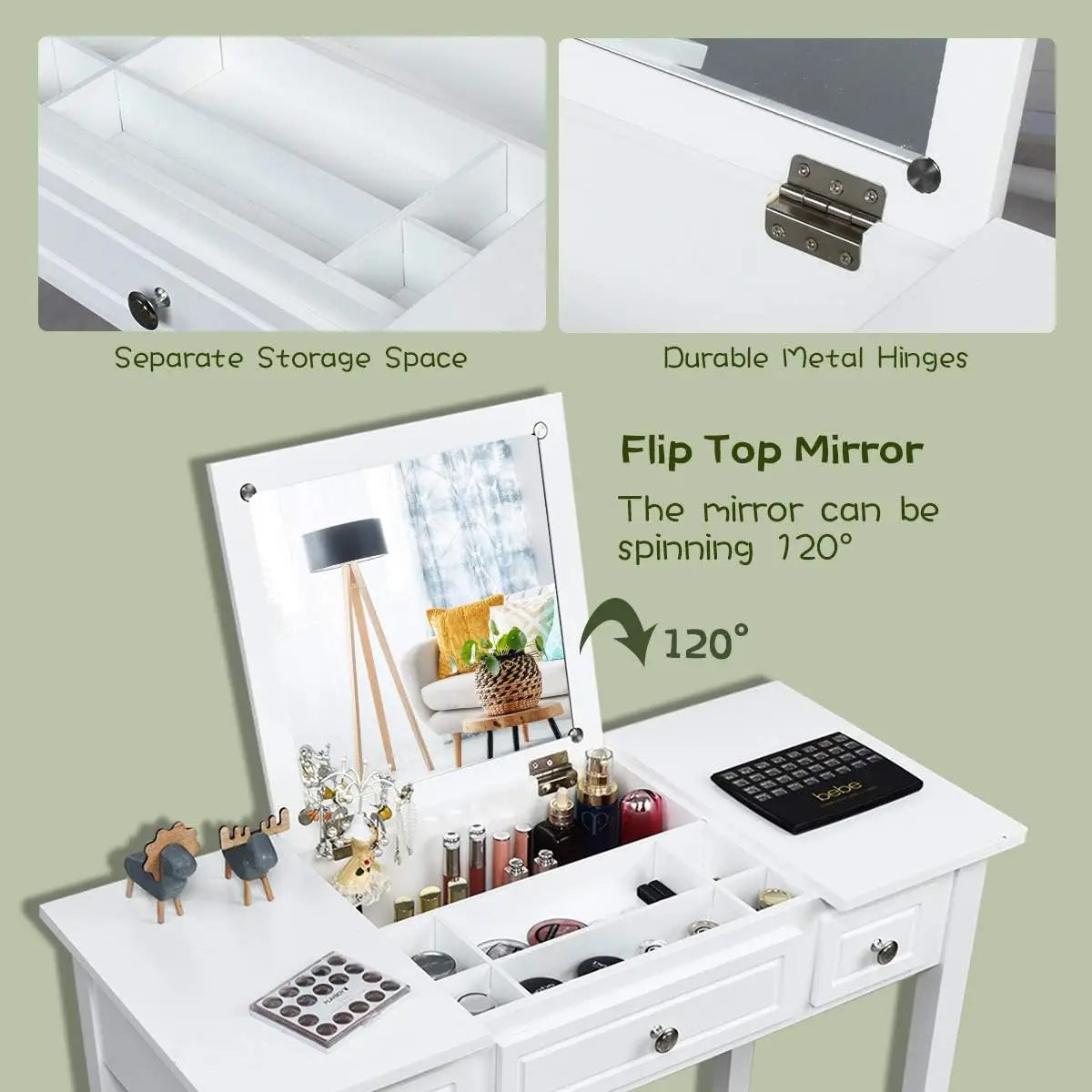 Makeup Vanity Desk with Flip Top Mirror and Cushioned Stool for Girls