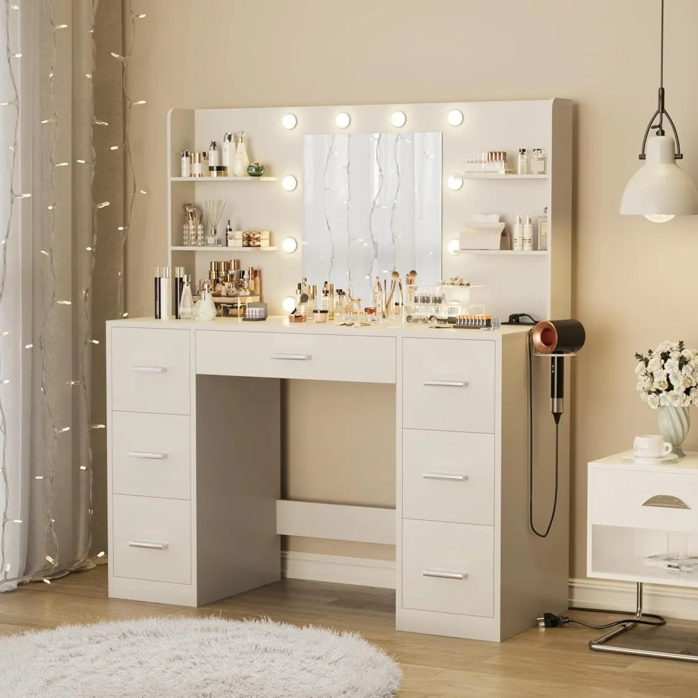 Vanity Desk with Mirror LED Lights Power Outlet 7 Drawers Storage