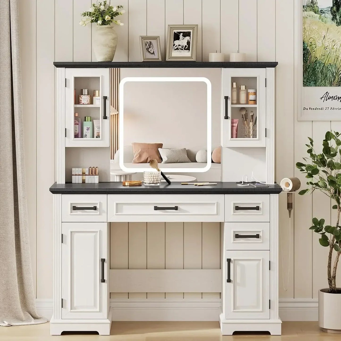 Farmhouse Vanity Desk with Mirror and Lights Makeup Table 45 Inch