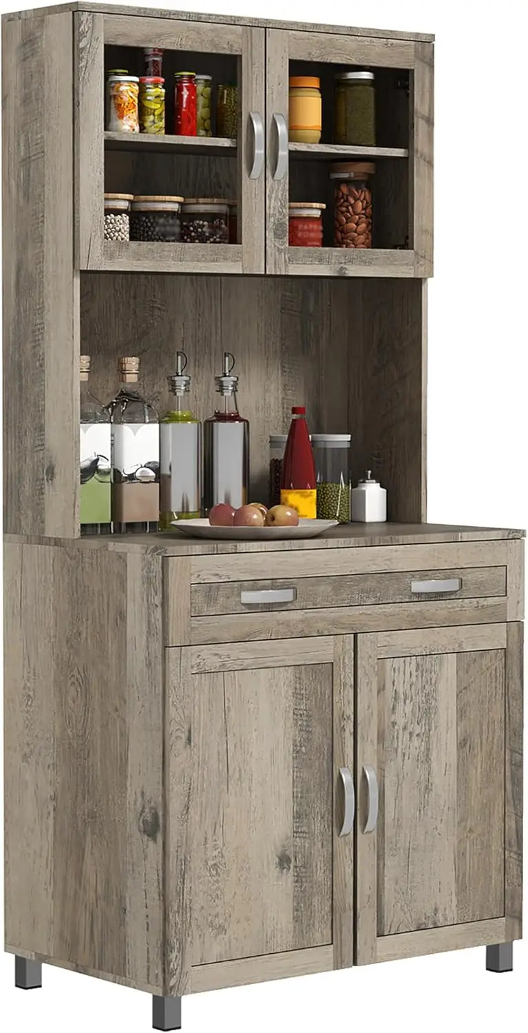 67 Inch Modern Pantry Storage Cabinet with Glass Doors and Adjustable Shelves