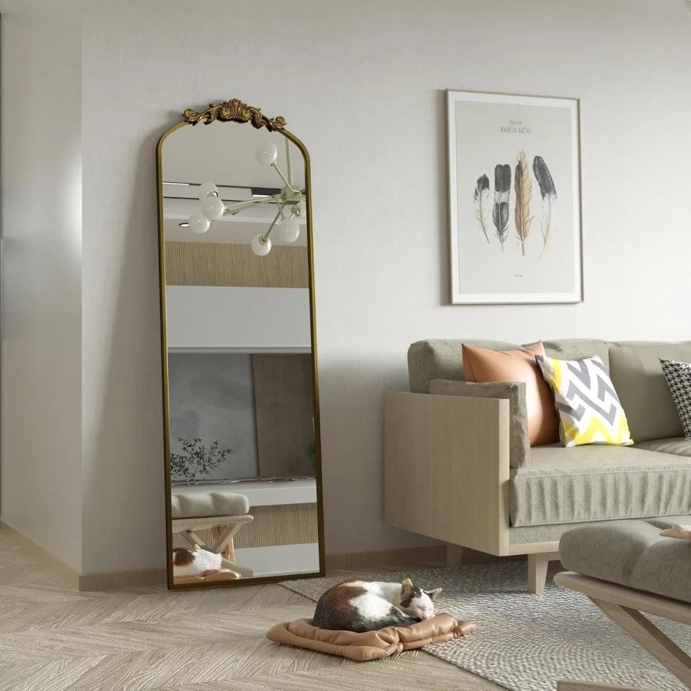 Vintage Gold Arched Floor Mirror Baroque Style Wall-Mountable Shatter-Resistant
