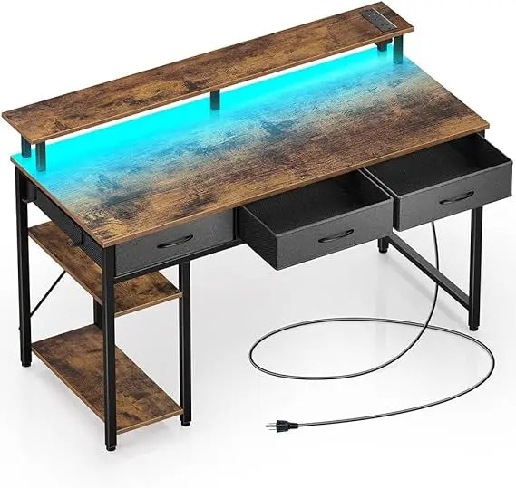 Computer Desk with Power Outlets LED Light Storage Shelves 47 Inch