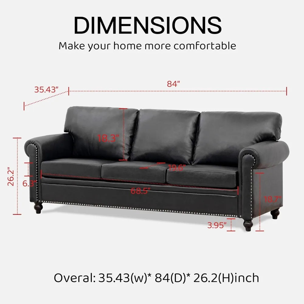Ljustra Black Faux Leather 3-Seater Office Couch Modern Sofa