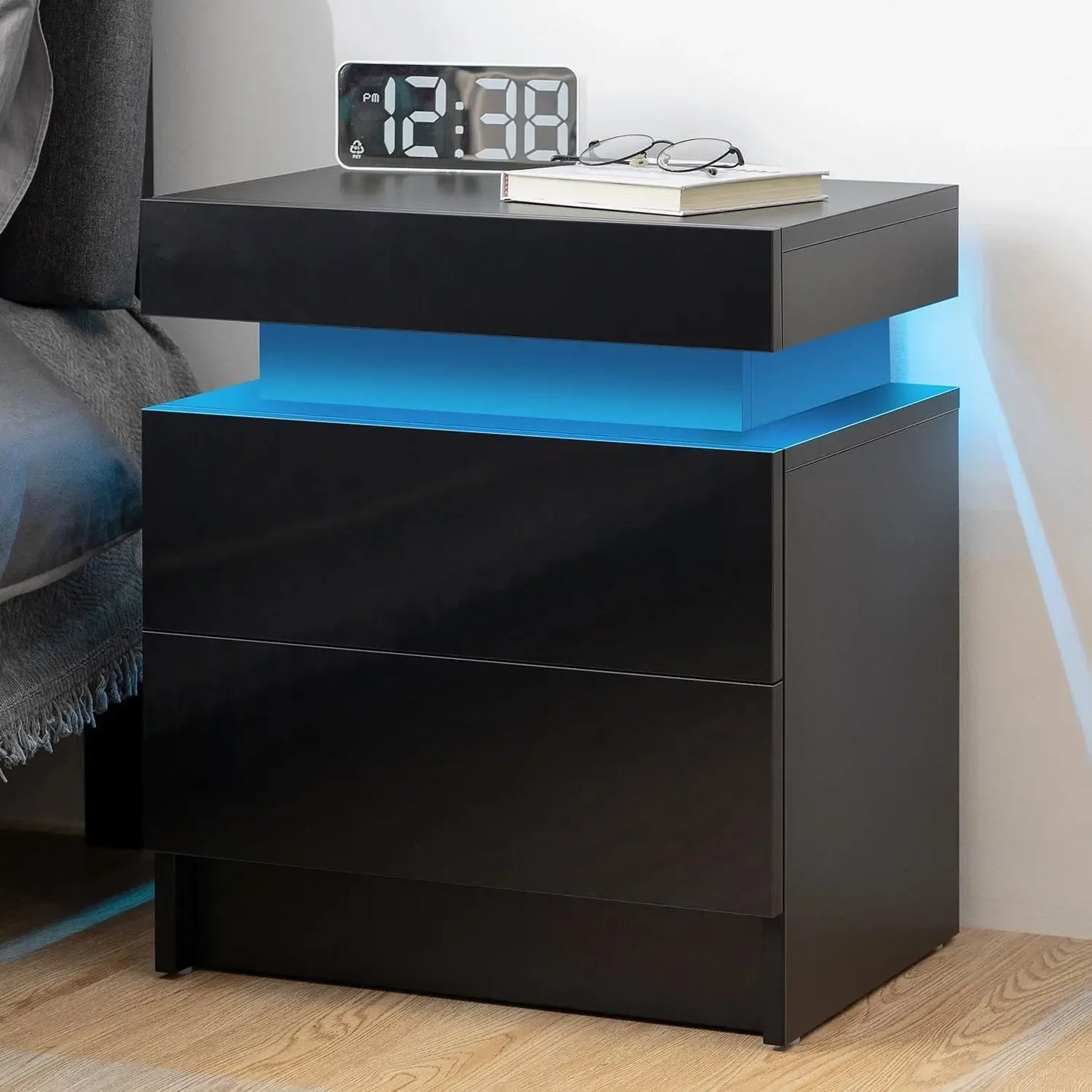 LED Nightstand Modern Night Stand with 2 Drawers and Smart Lighting