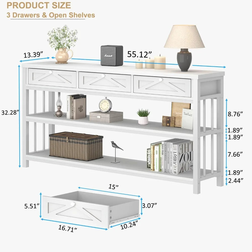 Modern White Entryway Table with 3 Drawers and Storage Shelf
