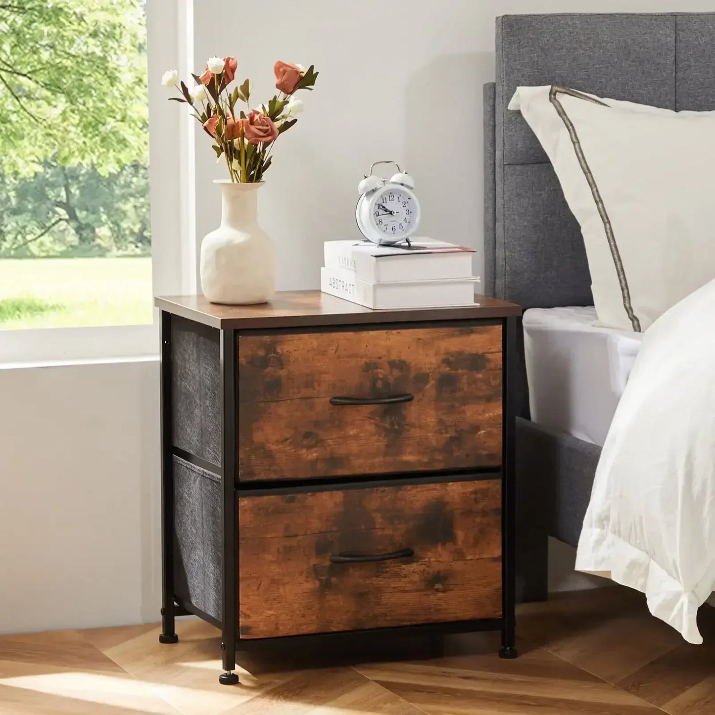 Nightstand Set of 2 End Table with Fabric Drawers for Bedroom Closet Dorm