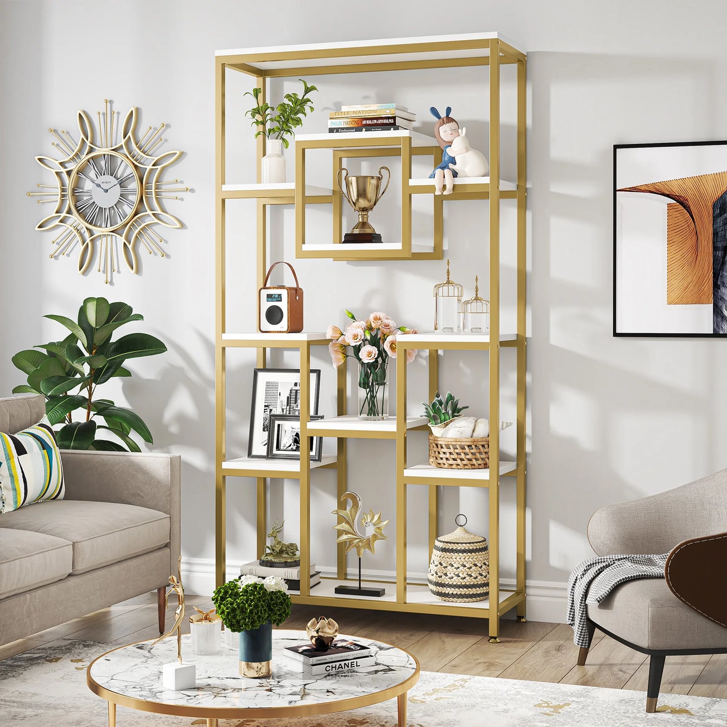 Tribesigns Gold 8-Shelf Etagere Bookcase Modern Display Shelf