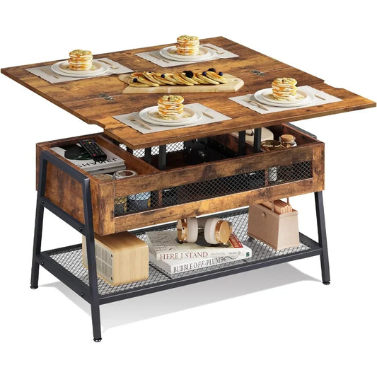 Rustic Brown 3-in-1 Lift Top Coffee Table Multi-Function Dining Table