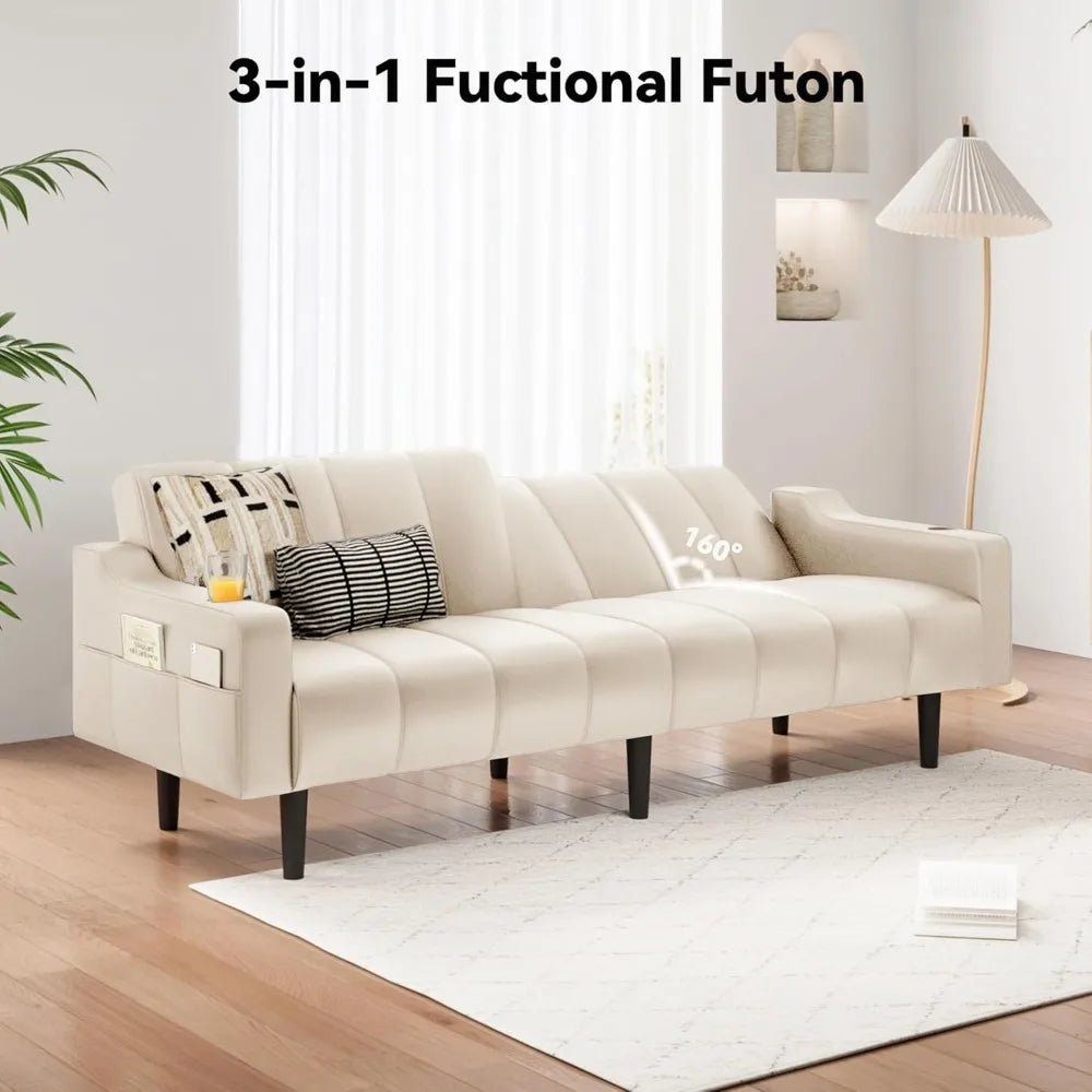 Ljustra 80 Inch Leather Couch Futon Sofa Bed Adjustable Backrest