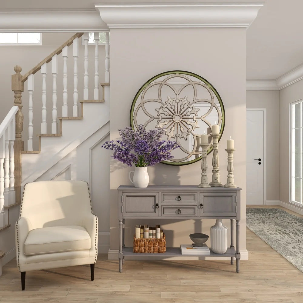 Vintage Floral Wall Mirror 40 Inch Round Fretwork Fleur-de-lis Design