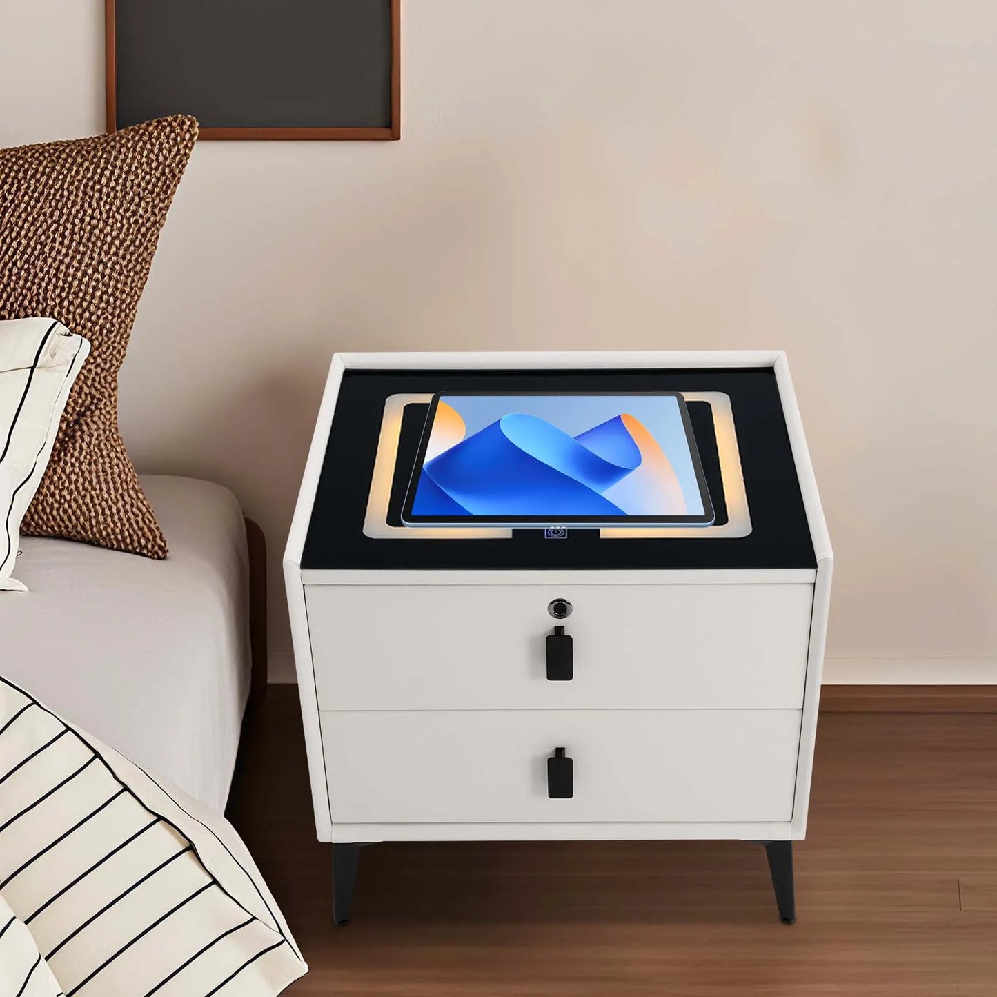 Smart Bedside Table with Bluetooth Speaker and USB Charging Drawers