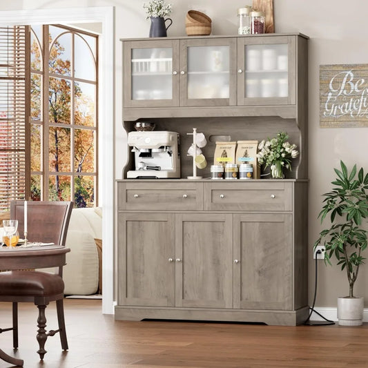 Tall Kitchen Pantry Cabinet with Countertop and Outlets Farmhouse Style