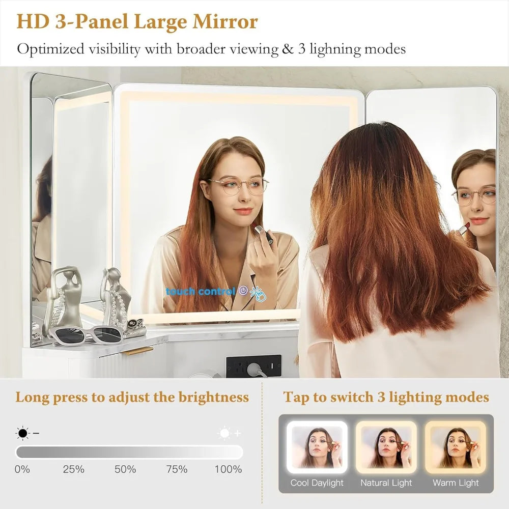 Corner Vanity Desk with Mirror Lights Storage and Charging Outlet