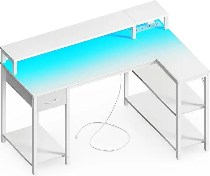 L Shaped Desk with LED Lights Power Outlets Monitor Stand Gaming Desk