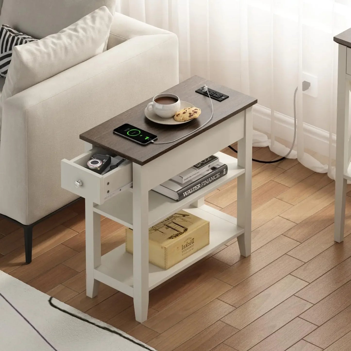 Farmhouse End Table Set of 2 with Charging Station and USB Ports