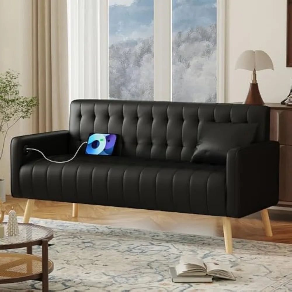 57 Inch Loveseat Sofa Small Faux Leather Couch with USB Ports Modern Design