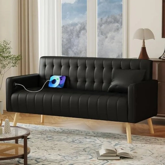 57 Inch Loveseat Sofa Small Faux Leather Couch with USB Ports Modern Design