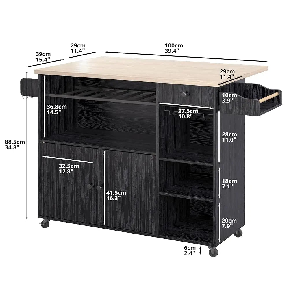 Rolling Kitchen Island Cart with Drop-Leaf Wine Rack and Drawer