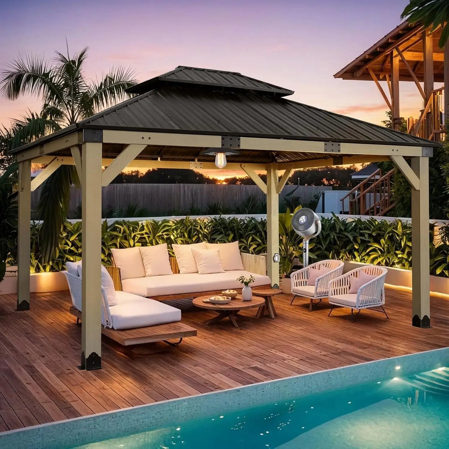 12x14 Ft Wooden Gazebo with Metal Roof and Charging Socket for Patio