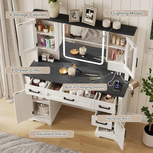 Farmhouse Vanity Desk with Mirror and Lights Makeup Table 45 Inch