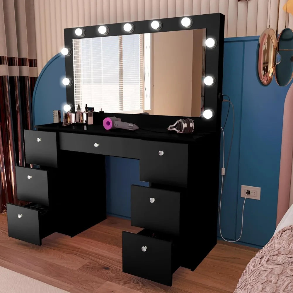 Yara Large Vanity Makeup Desk with Hollywood Mirror and Built-in Lights