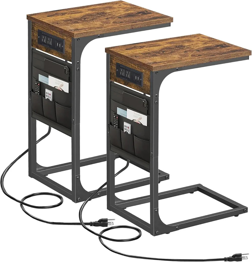 Shaped End Table Set of 2 with Charging Station USB Ports Storage Bag
