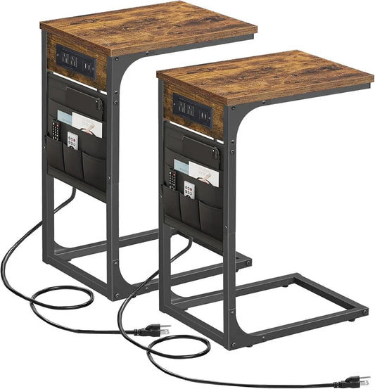 Shaped End Table Set of 2 with Charging Station USB Ports Storage Bag