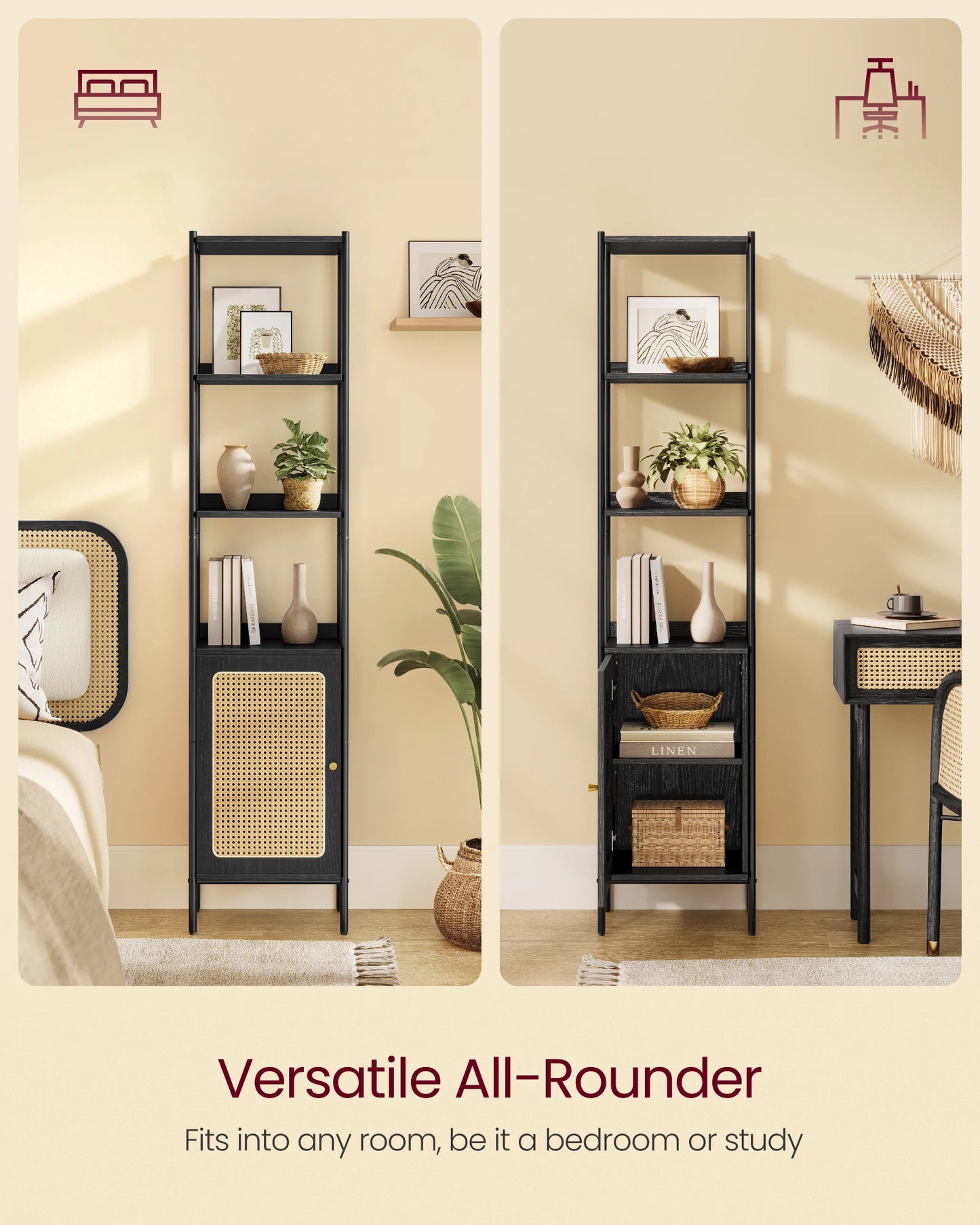 Ljustra 6-Tier Bookcase Rattan-Like Door Boho Style Metal Frame