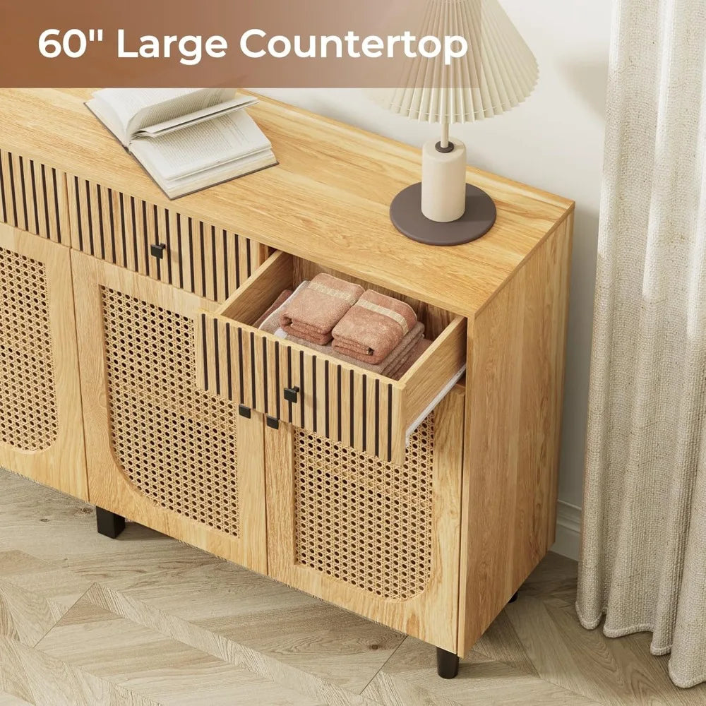 Ljustra 63 Inch Sideboard Buffet Cabinet with Storage and Rattan Doors
