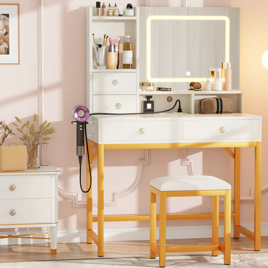 Satifur Vanity Desk with LED Mirror Power Outlets Makeup Stool Set