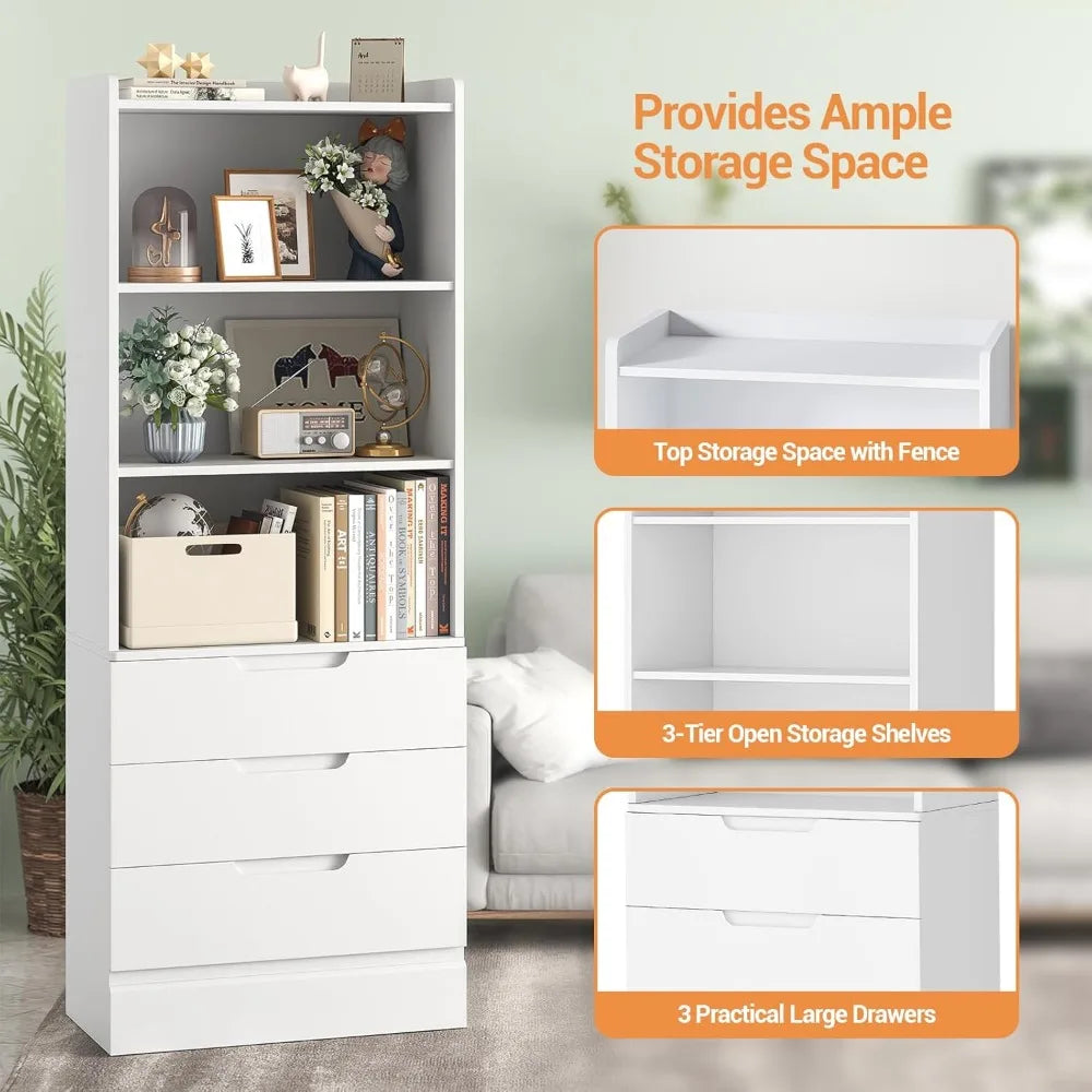 Tall Bookshelf with Drawers Open Shelves Modern White Bookcase
